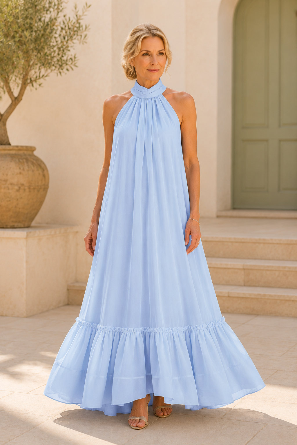 Vestido maxi de cuello halter alto con volantes y capas