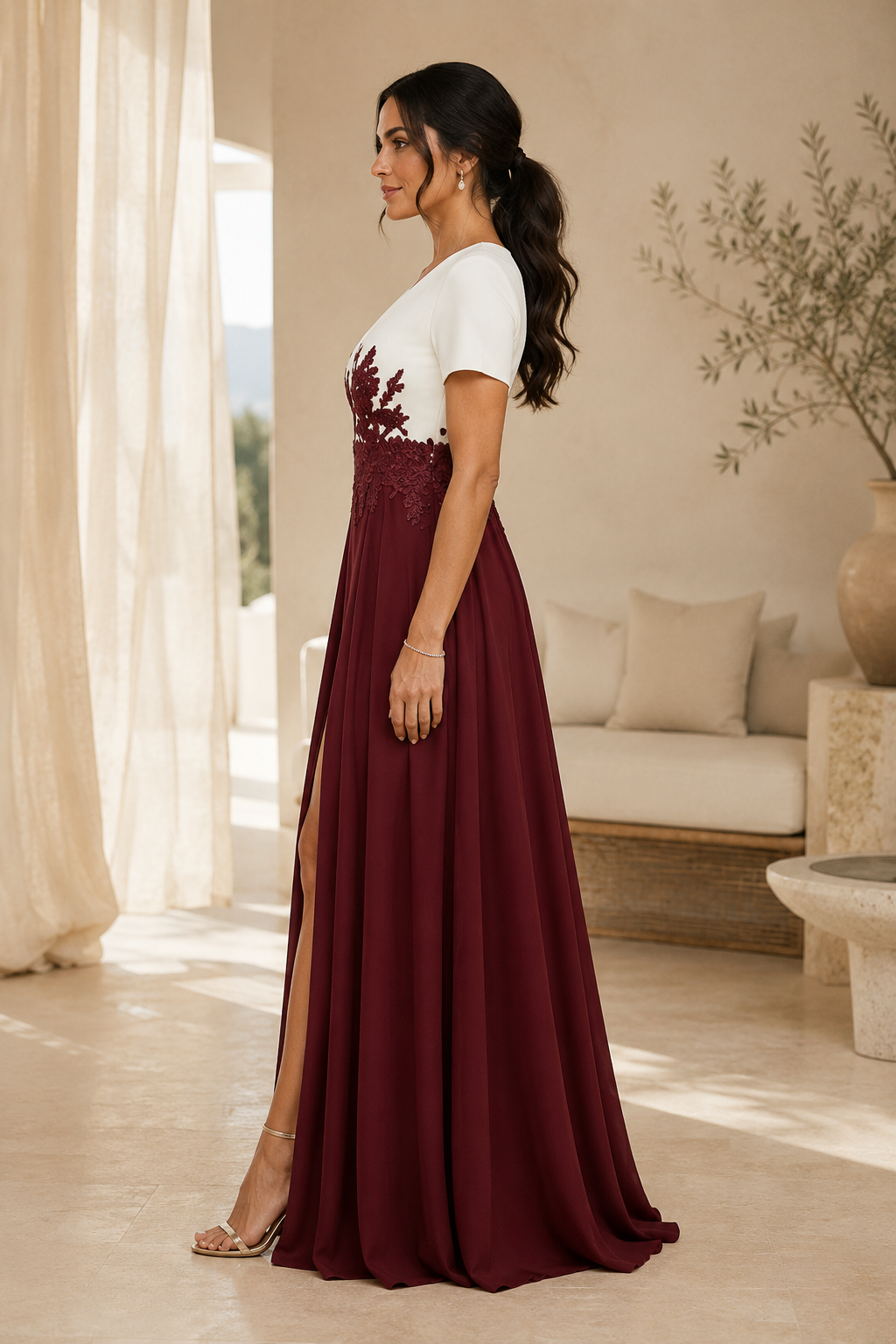 Vestido de noche bicolor con cuello en V, cintura de encaje y abertura lateral