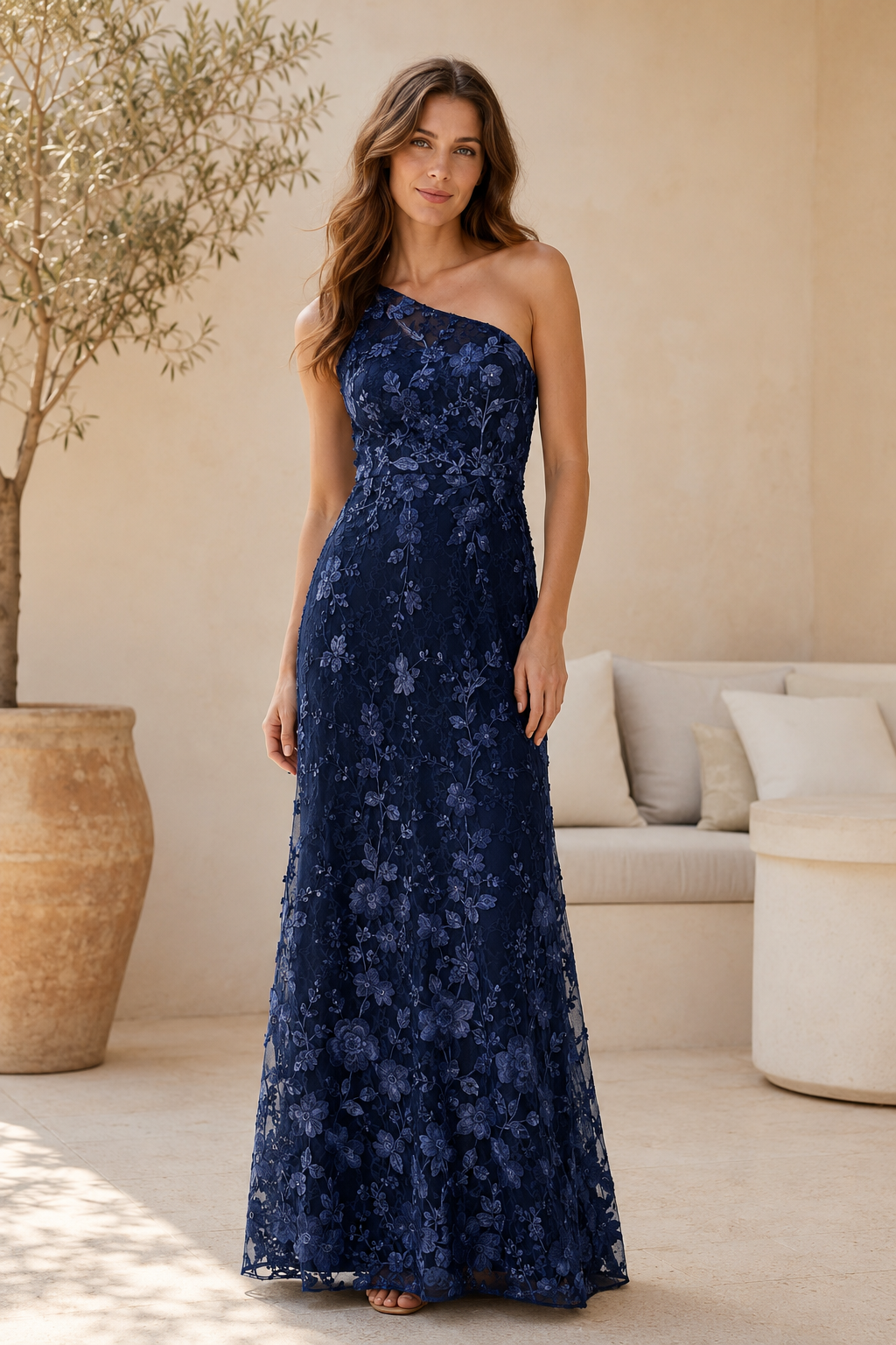 Vestido de Noche con Encaje Floral y un Solo Hombro