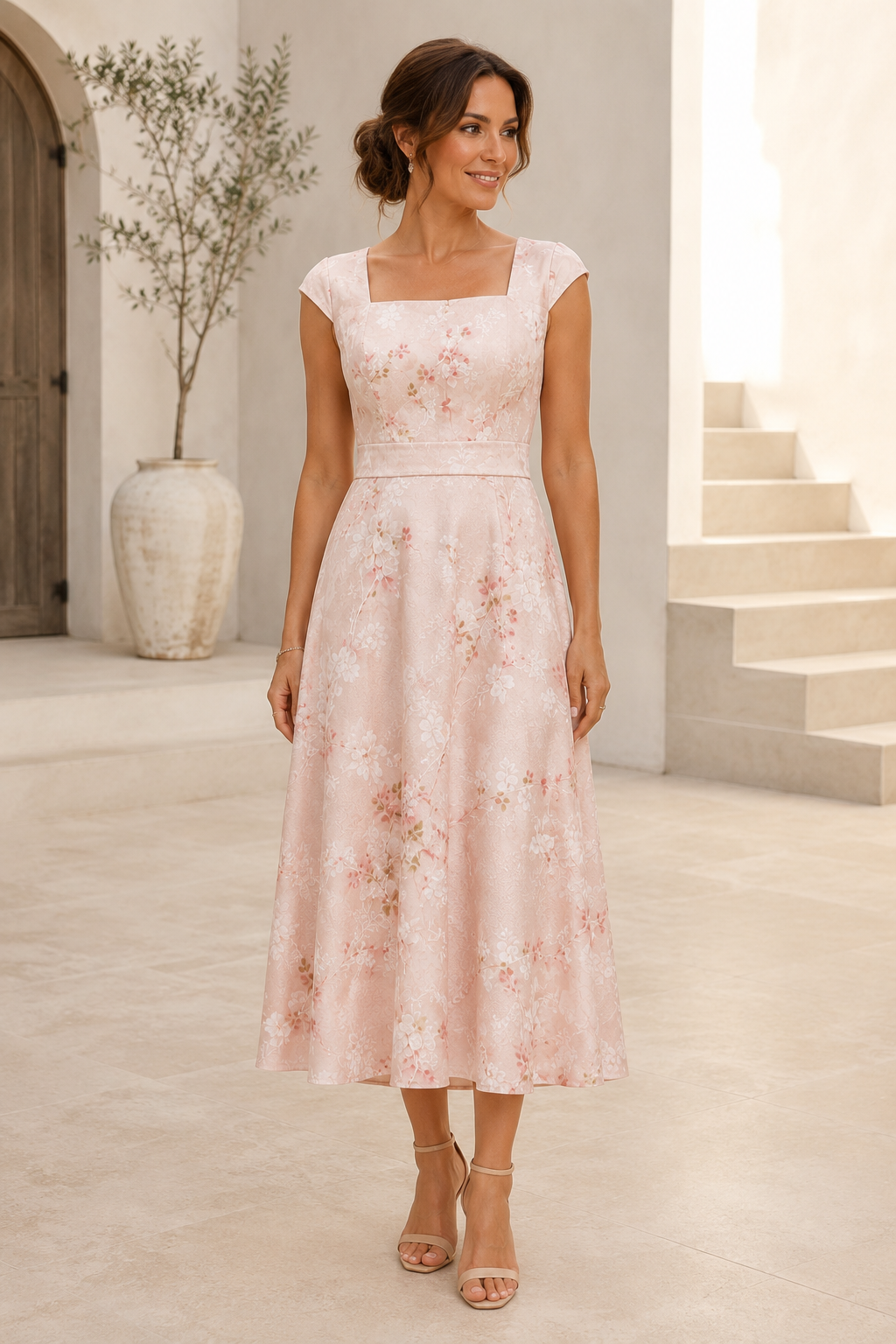 Vestido Midi Jacquard Floral con Manga Corta