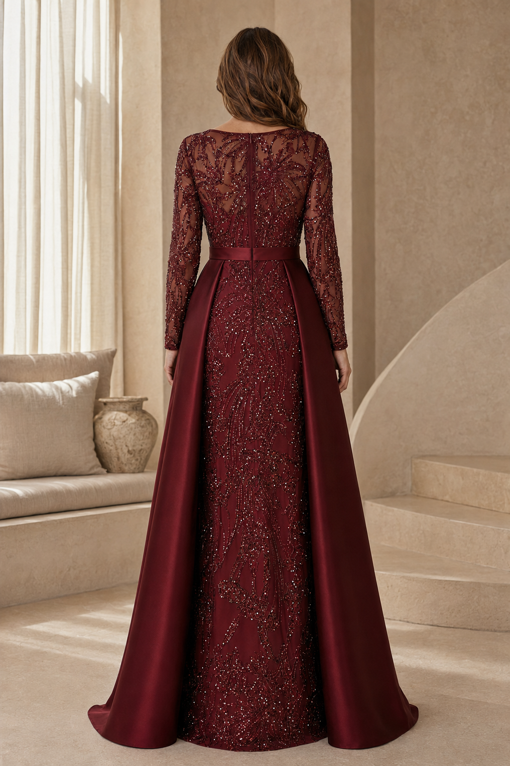 Vestido largo de manga larga con cuentas y sobrefalda de satén