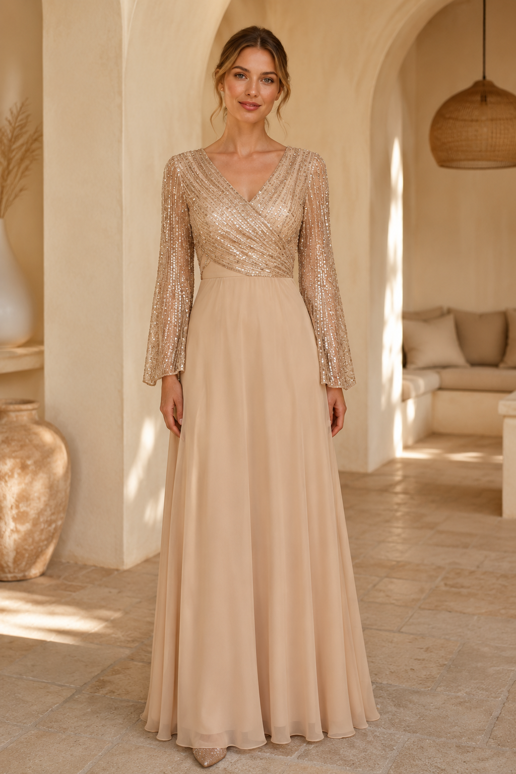 Vestido largo acampanado con escote en V y lentejuelas, y manga larga