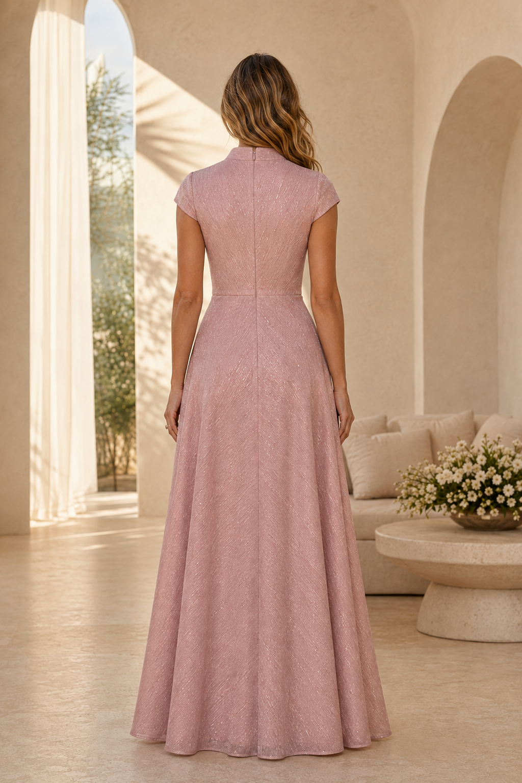 Vestido con cuello, escote en V y volantes con corte en A