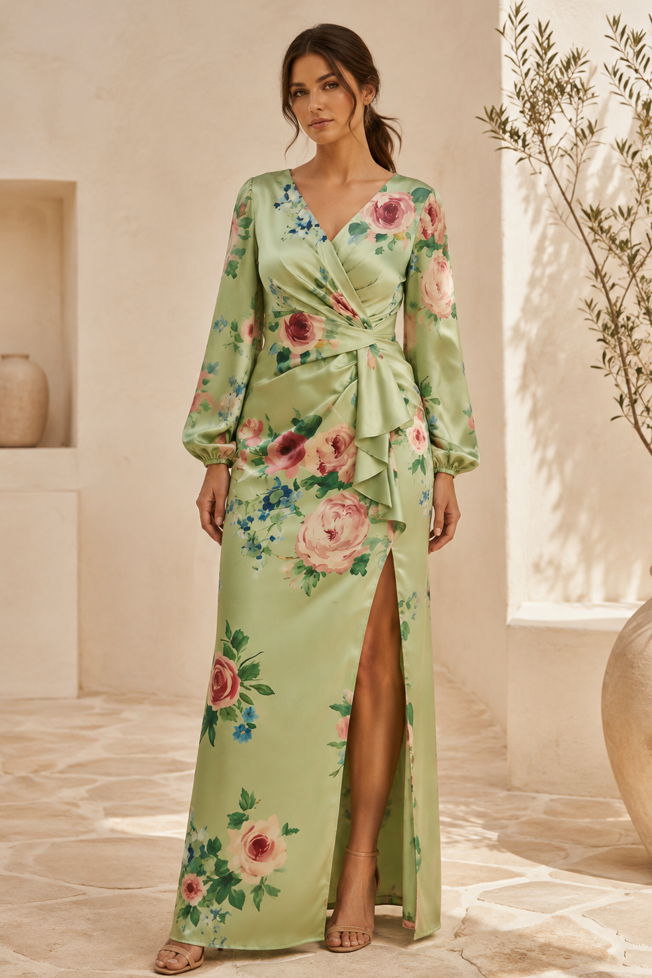 Vestido maxi de satén floral de manga larga con abertura