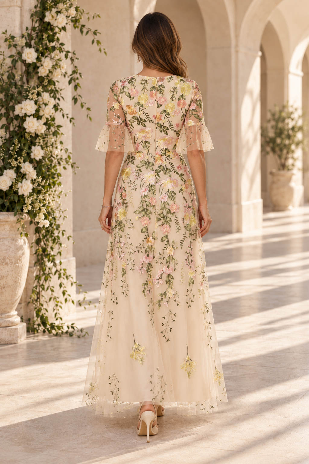 Embroidered Floral Tulle A-Line Maxi Dress