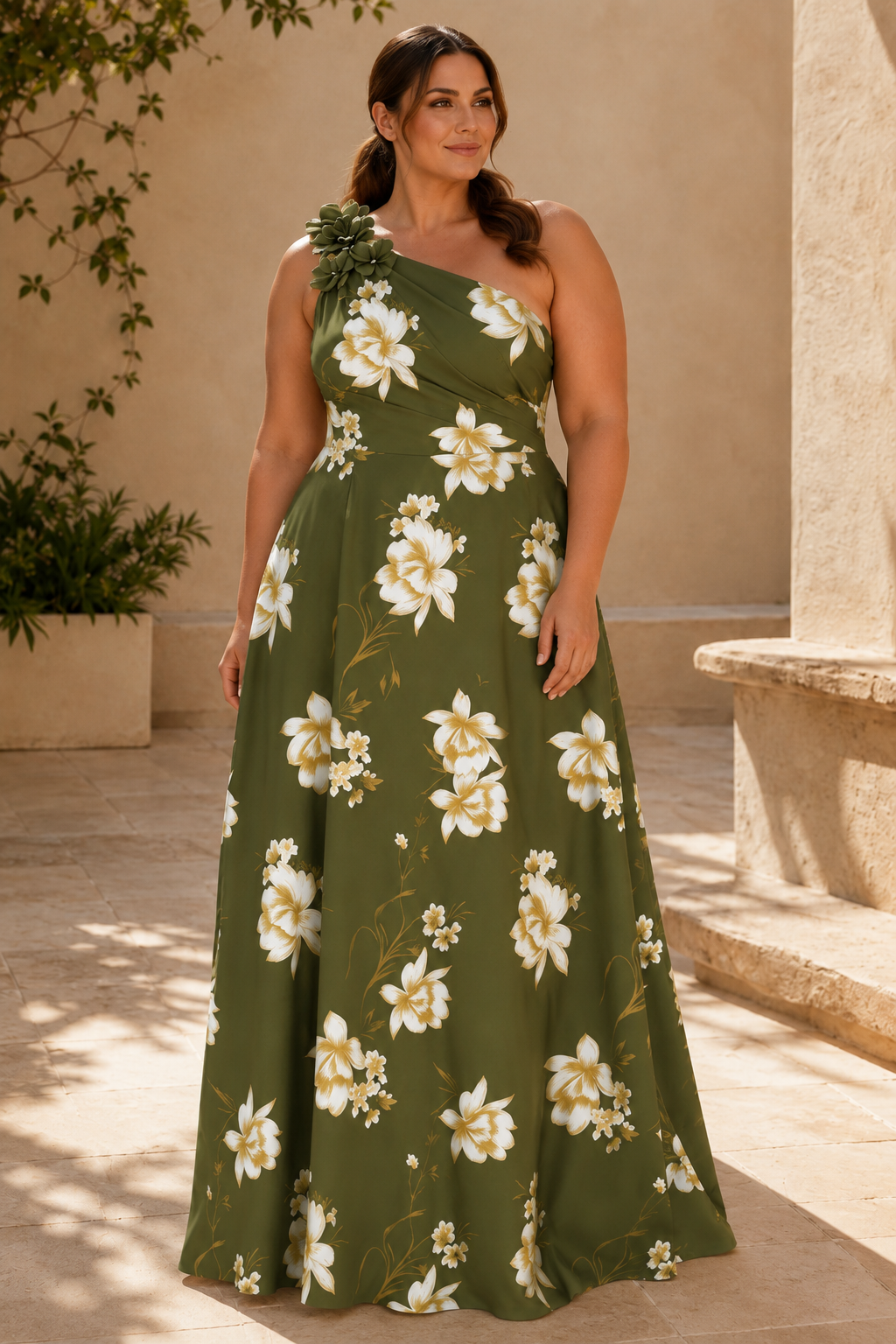 Vestido de satén acampanado con estampado floral y un hombro al descubierto