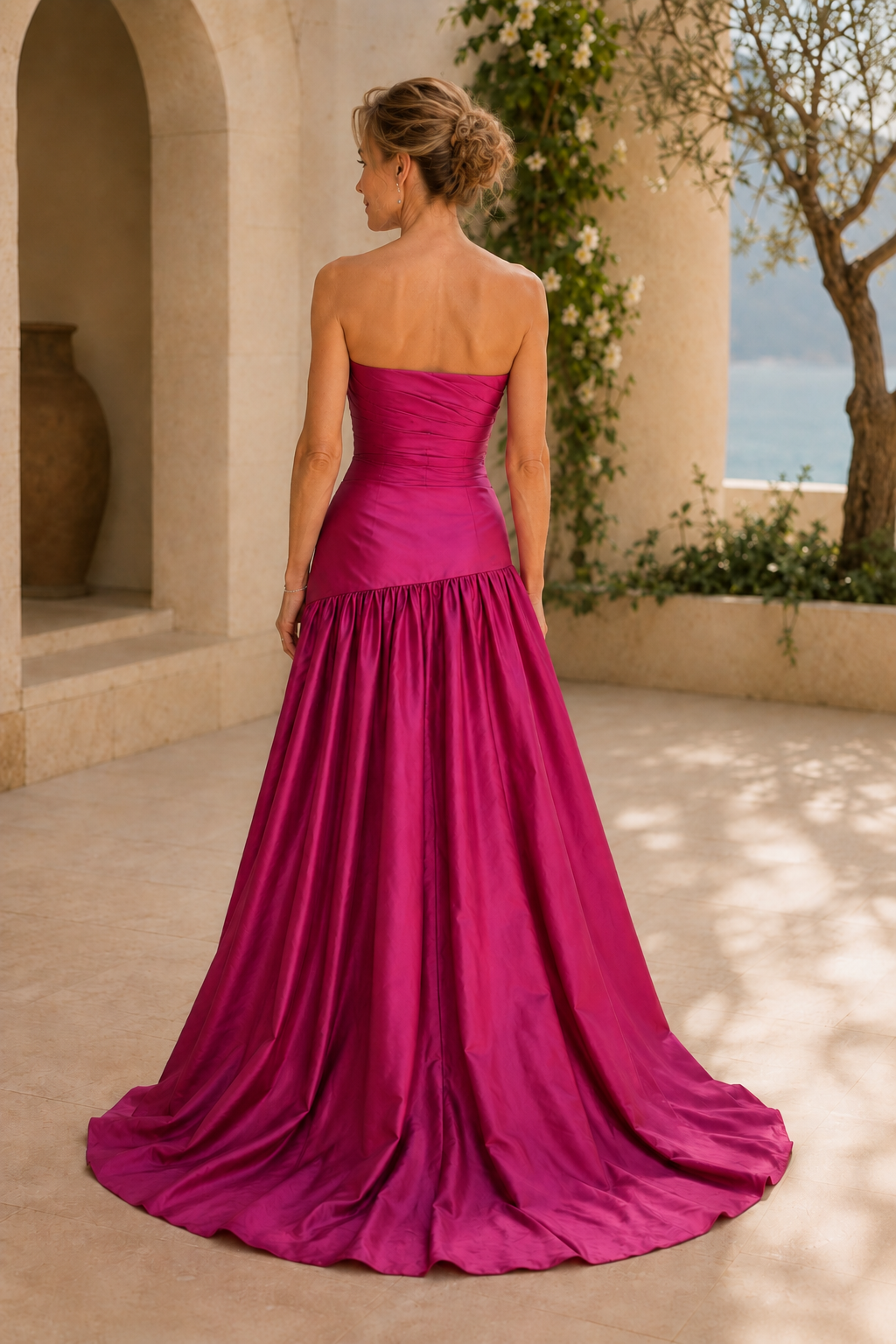 Vestido drapeado de un solo hombro con falda asimétrica de volantes escalonados