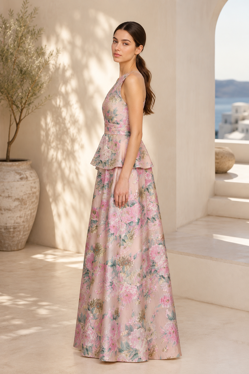Vestido de gala peplum jacquard floral de un solo hombro