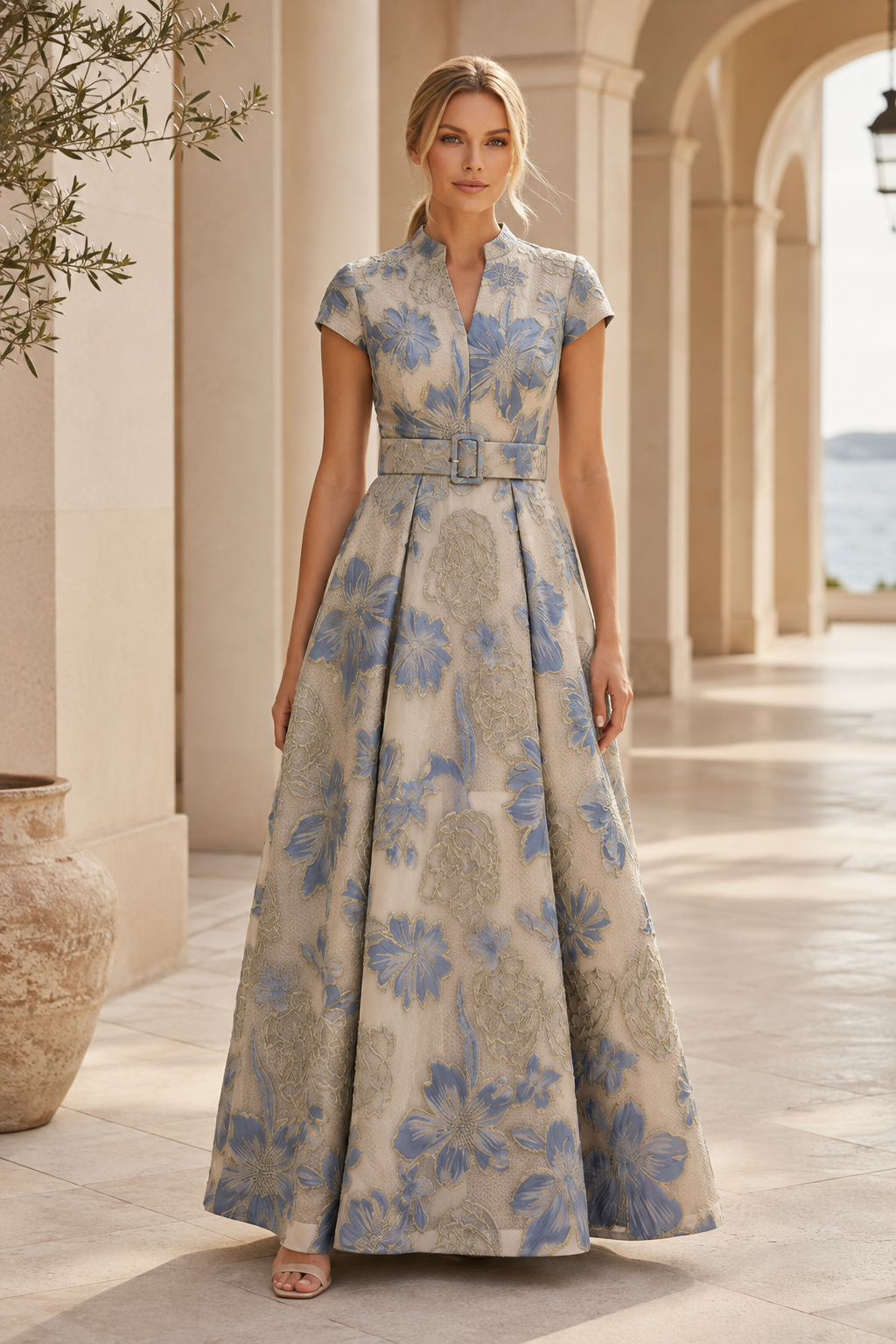 Vestido largo acampanado de jacquard floral con cinturón