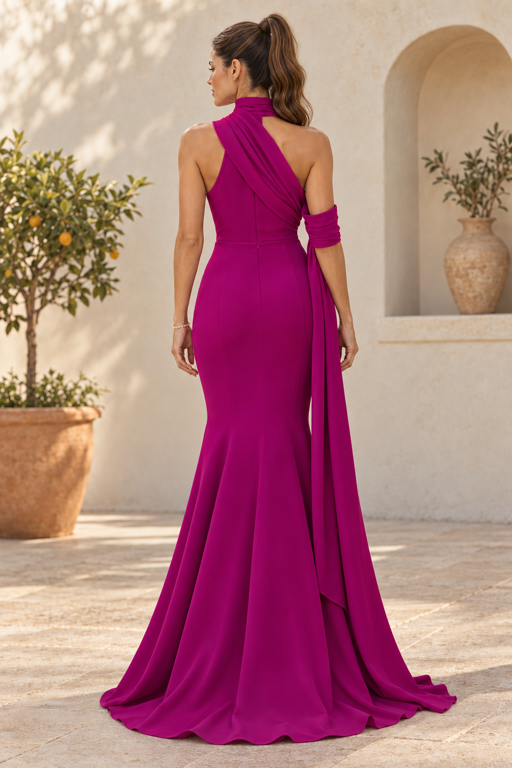 High-Neck Mermaid Gown with Pleated Bodice & Arm Sash