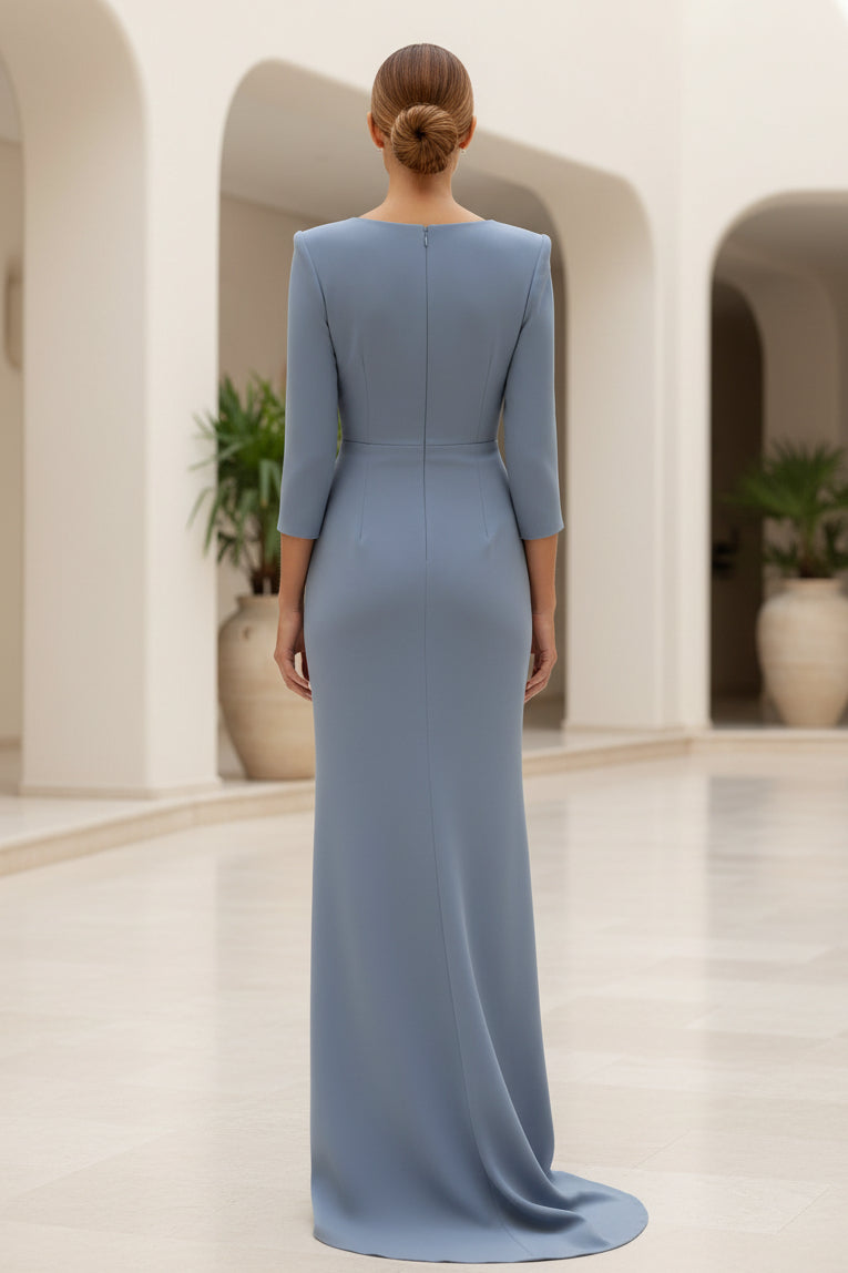 Elegante Vestido Largo Recto de Manga Tres Cuartos con Cuello de Satén