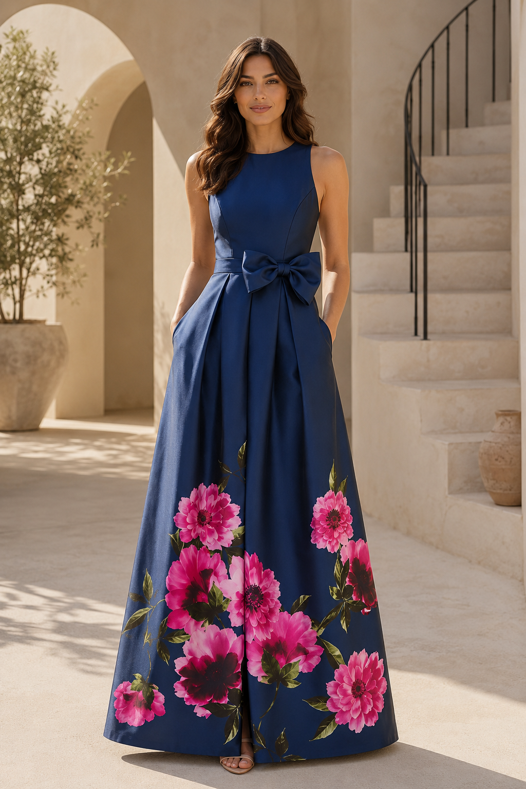 Vestido de noche acampanado con estampado floral y lazo en la cintura