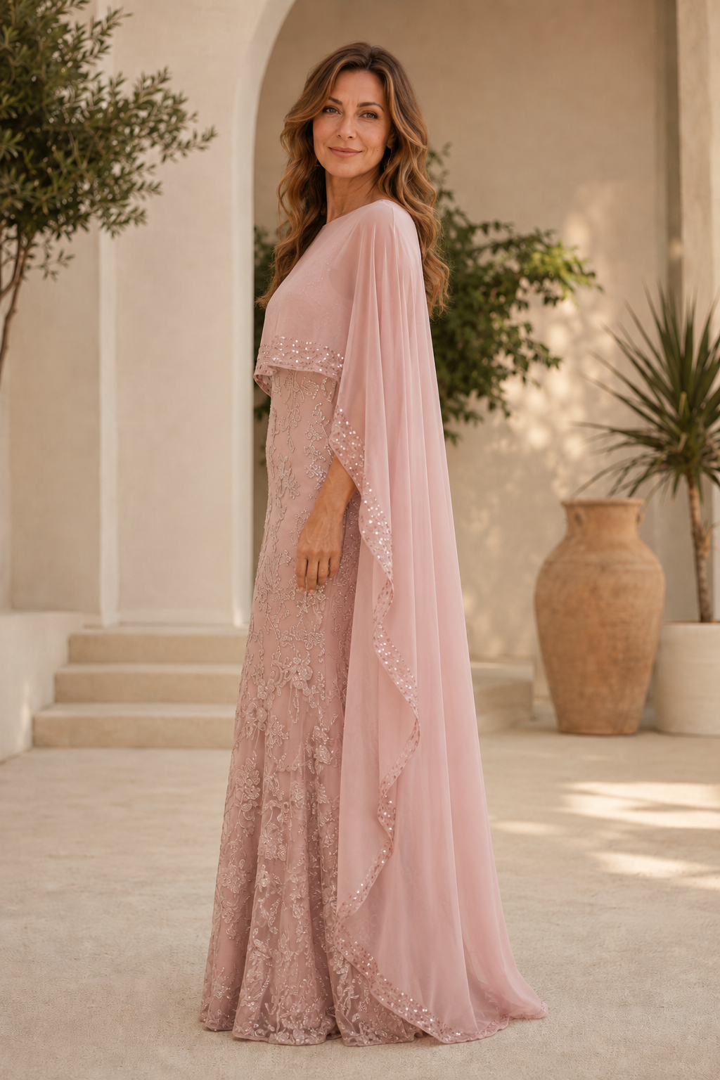 Vestido de gala formal de lentejuelas bordadas con capelina