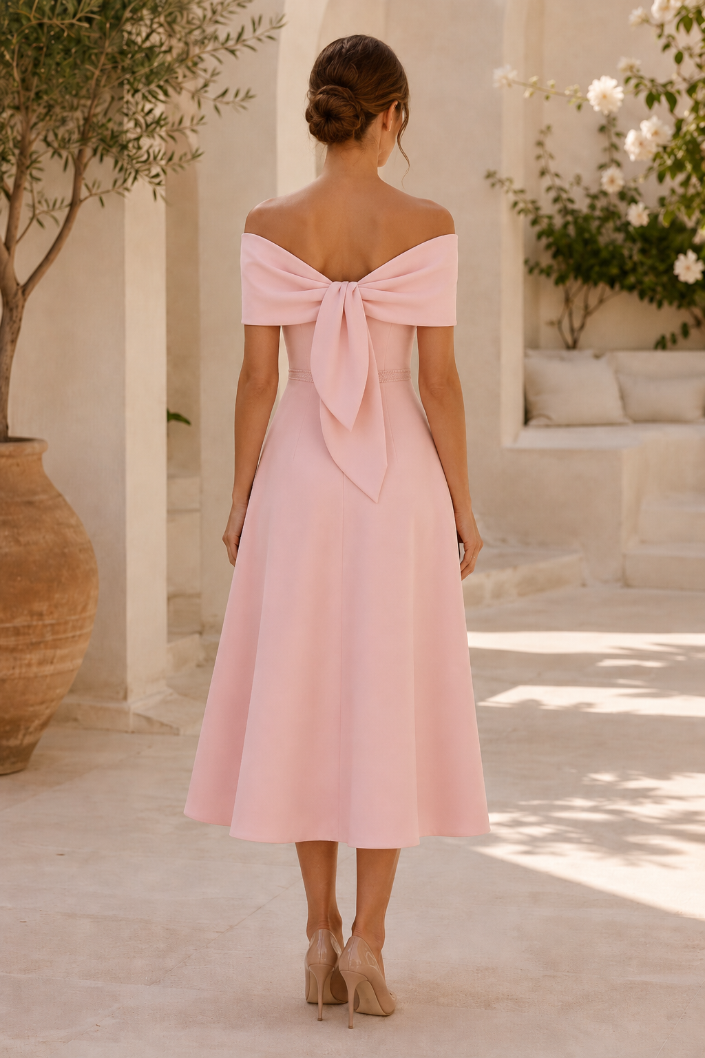 Vestido Midi sin Hombros con Lazo en la Espalda y Bolsillos