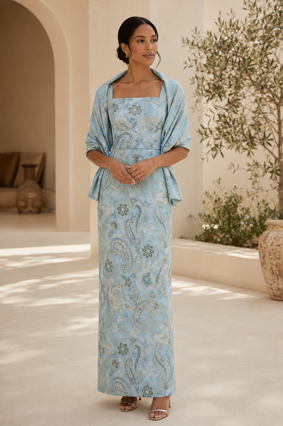 Vestido columna de jacquard Paisley con chal