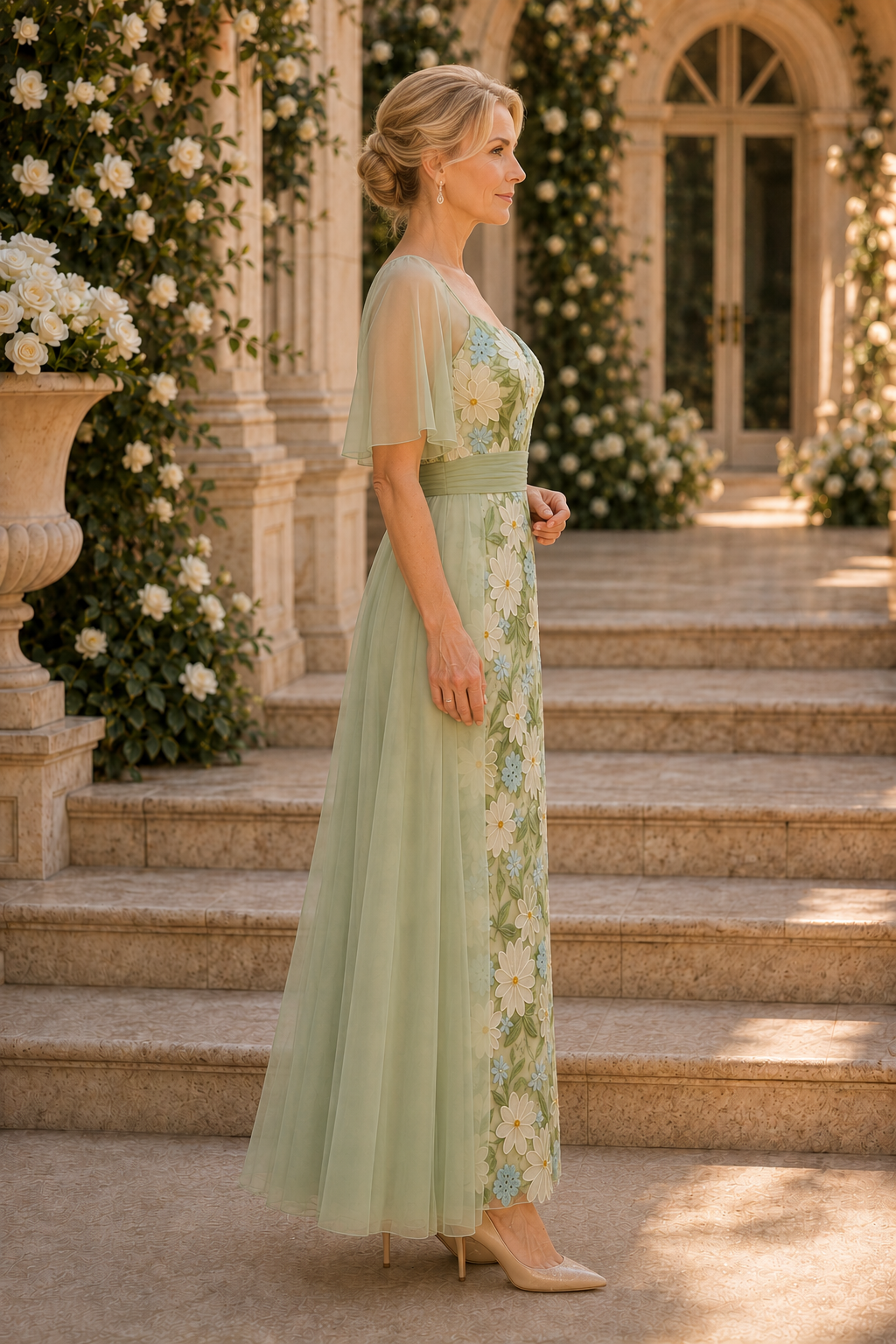 Vestido acampanado con manga de volantes y bordados florales