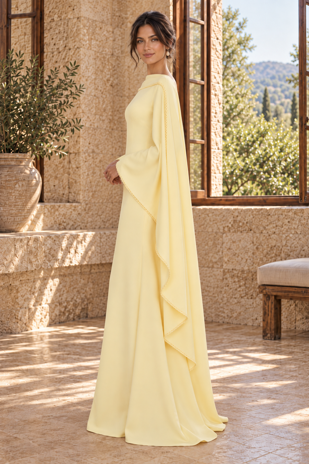 Bateau Neck Cape Sleeve Sheath Evening Gown