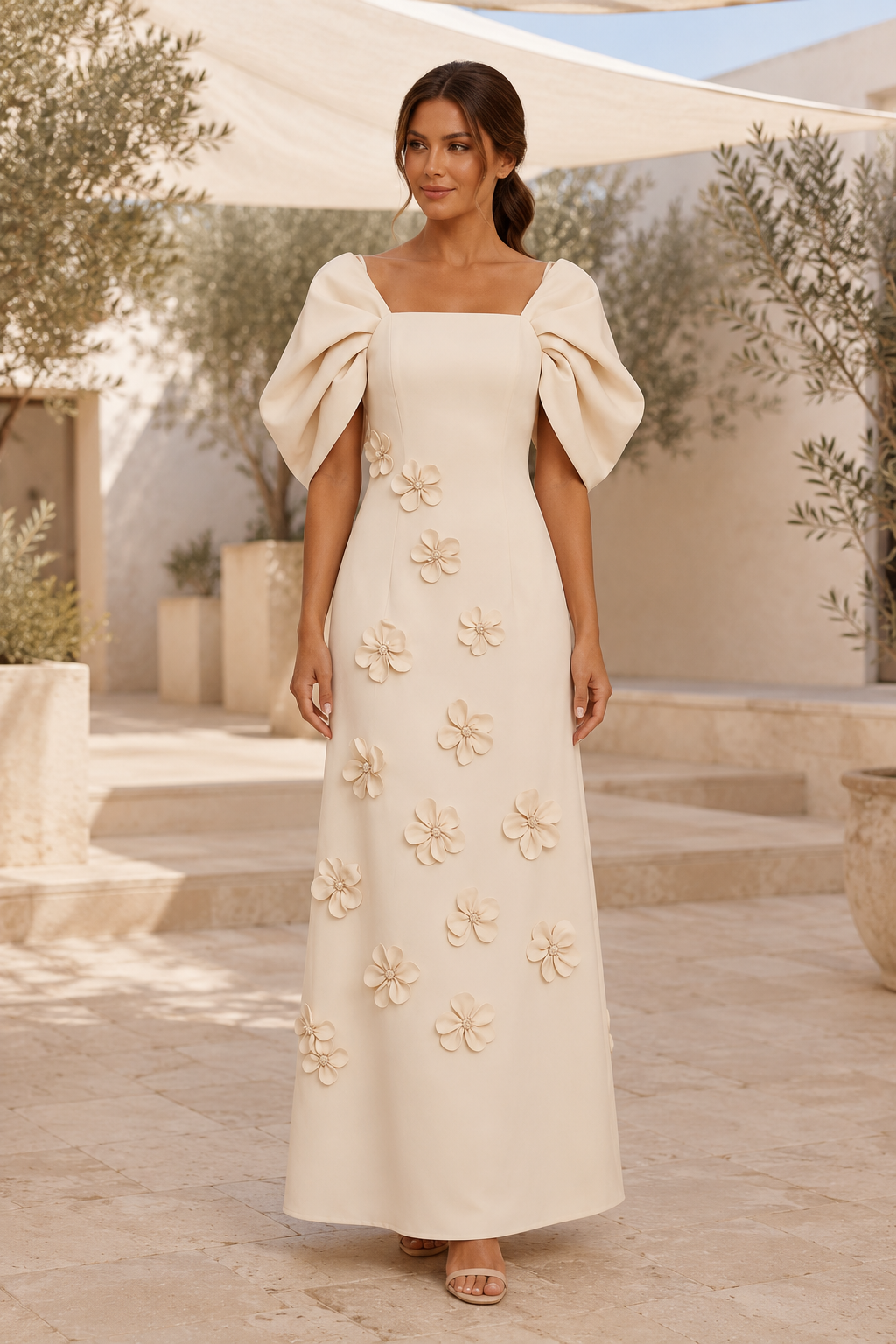 Vestido de corte A con escote cuadrado, mangas abullonadas y flores 3D