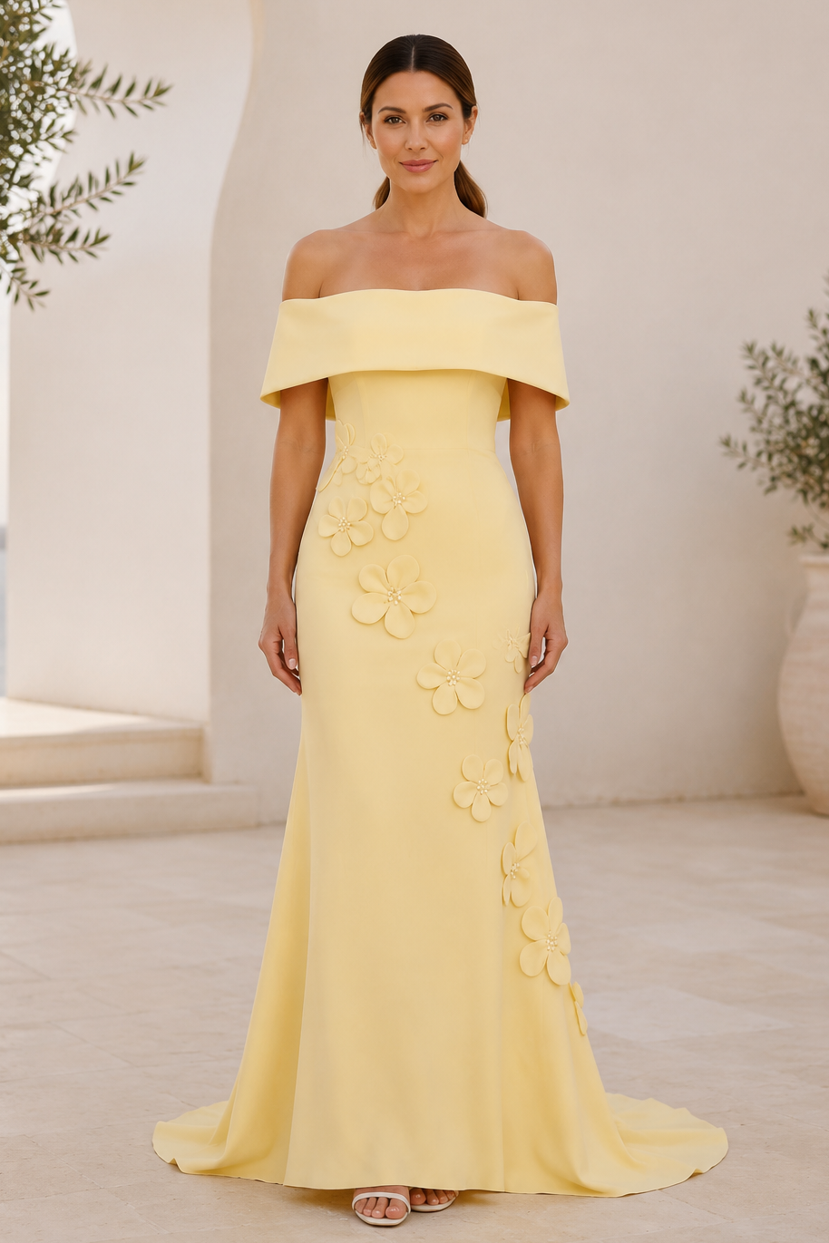 Vestido de cola de sirena con hombros descubiertos y apliques florales 3D