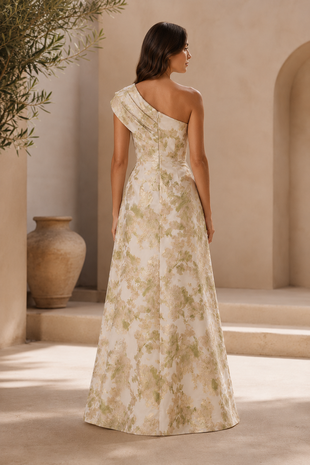 Vestido de Noche Acampanado con Jacquard Floral y Un Hombro