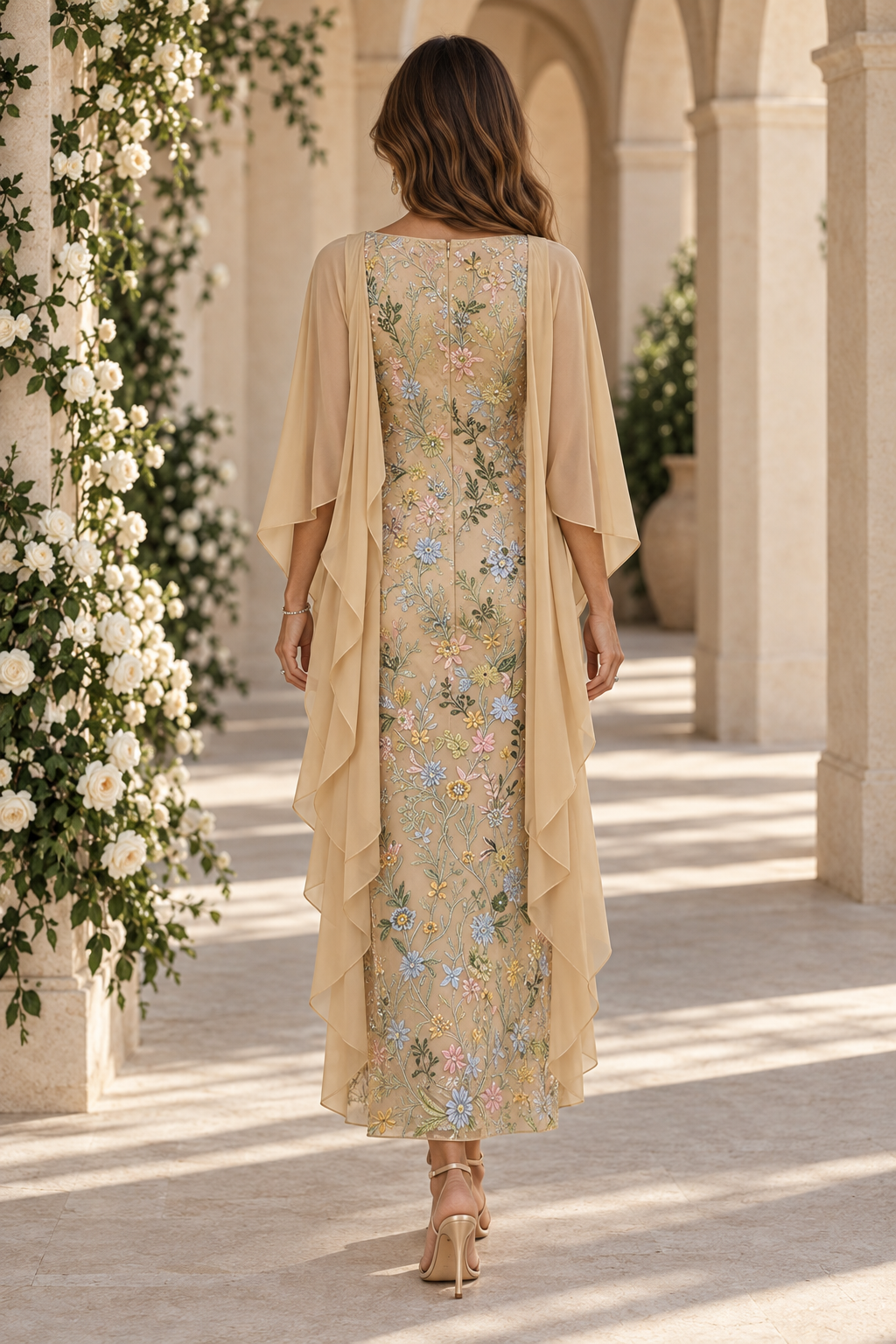 Vestido de columna bordado con capa drapeada