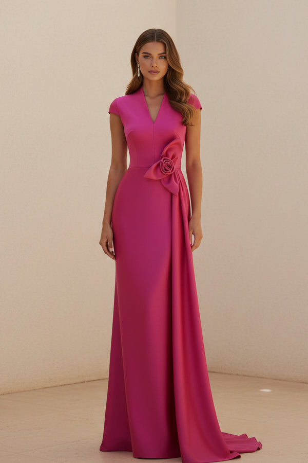 Vestido de Noche Largo de Sirena con Estampado Floral, Cuello V y Manga Corta