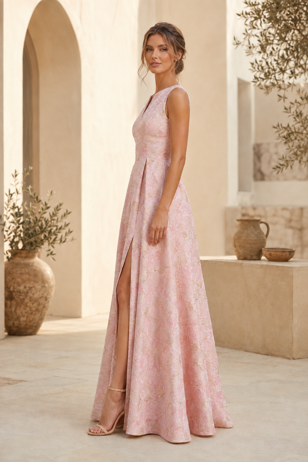 Vestido largo sin mangas de jacquard con corte en A y abertura delantera