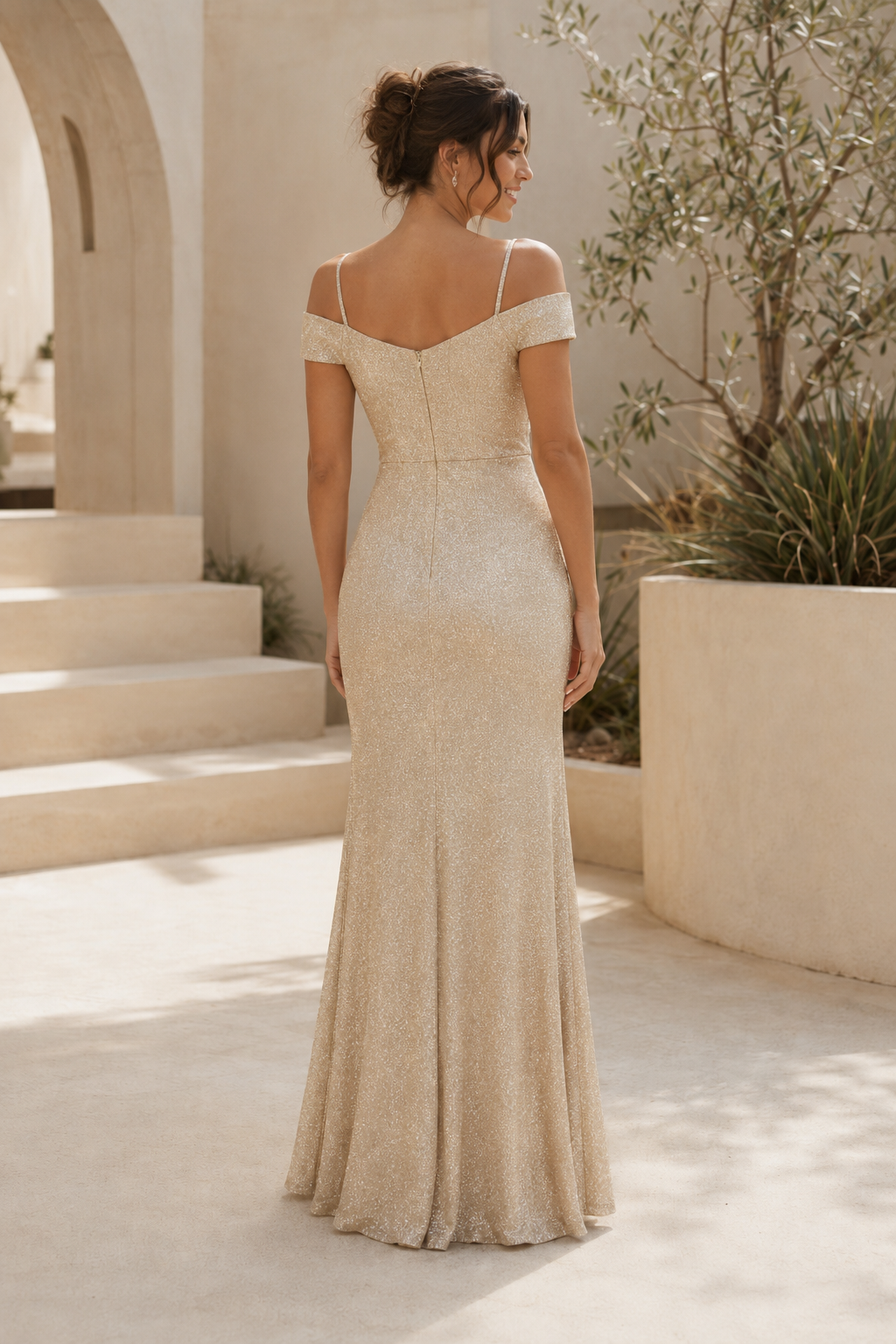 Vestido de Noche Sirena con Lentejuelas y Hombros Descubiertos
