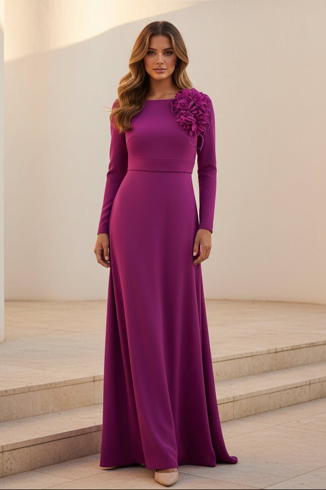 Elegante Vestido de Noche de Manga Larga con Flores 3D