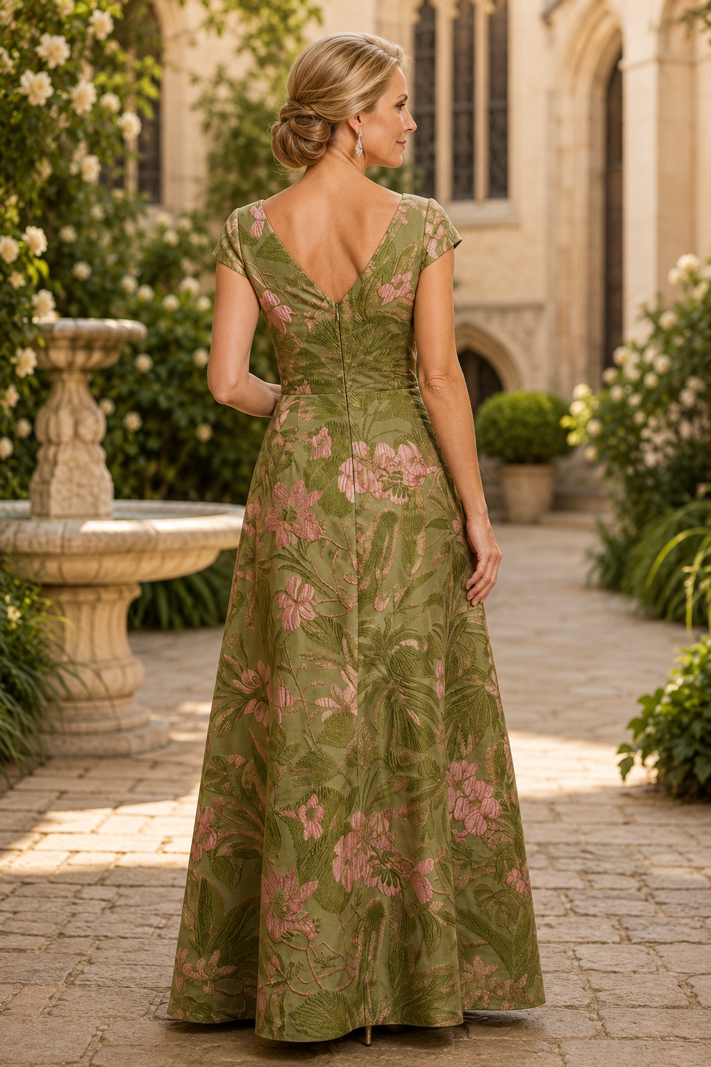 Vestido de jacquard floral con línea A y volante en cascada