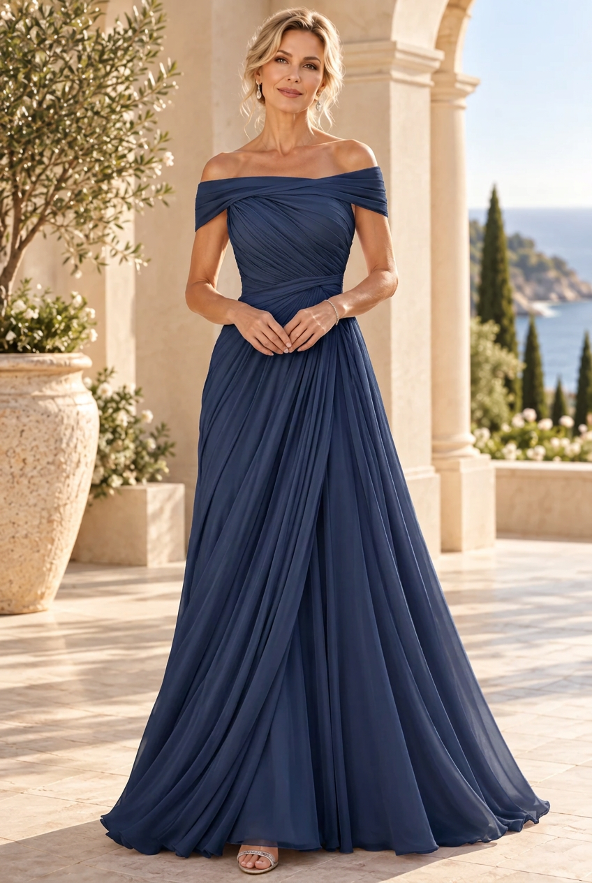 Off-the-Shoulder Pleated Chiffon A-Line Gown