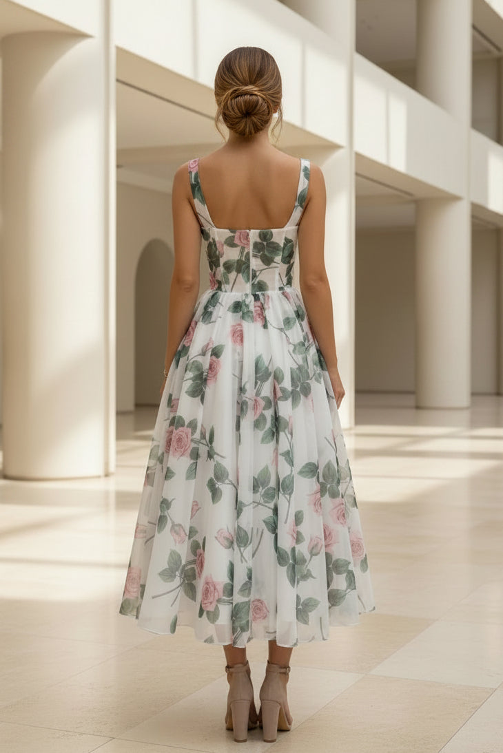 Vestido Midi Corsé con Estampado Floral de Rosas y Falda Completa