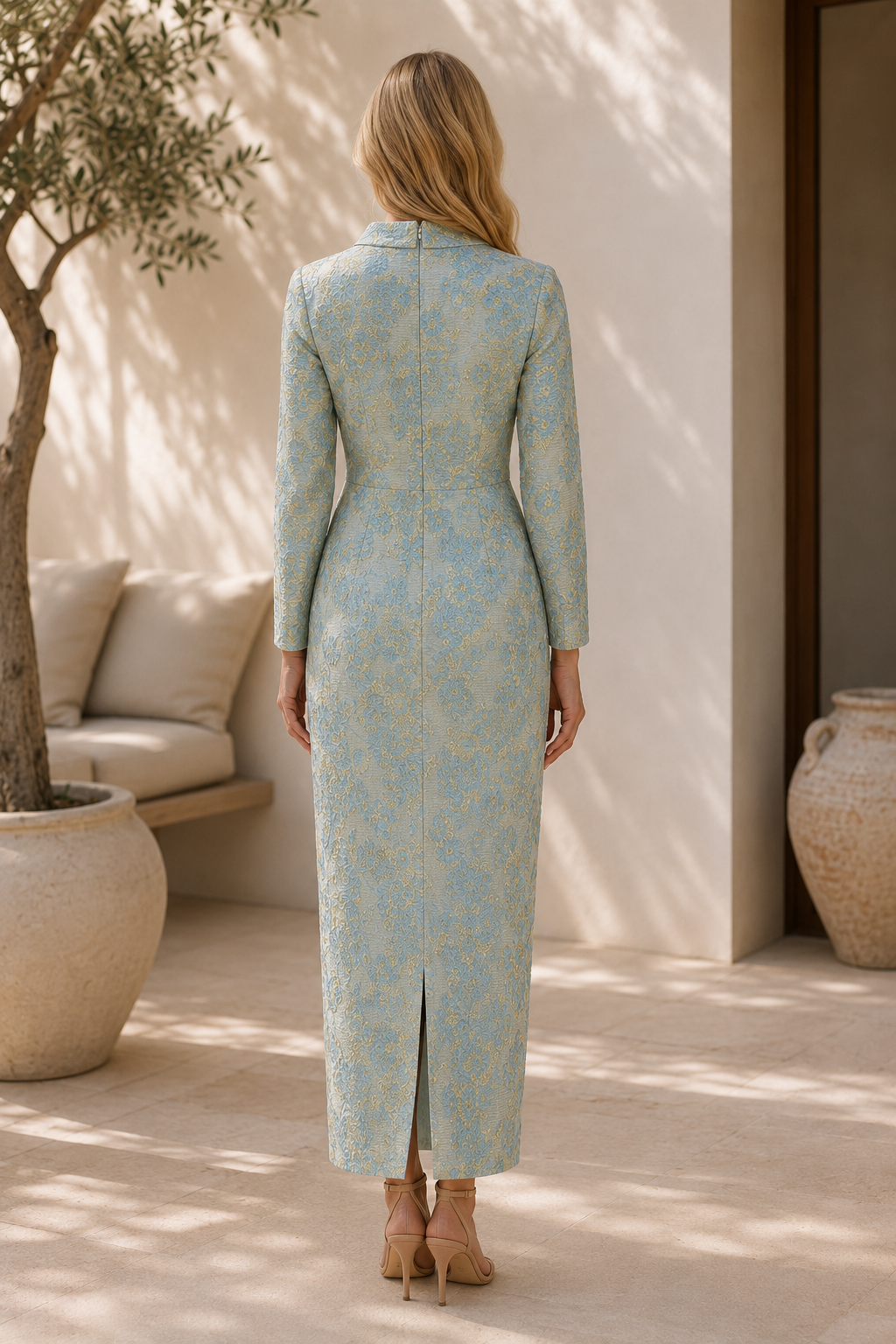 Vestido de noche tipo columna de jacquard de manga larga