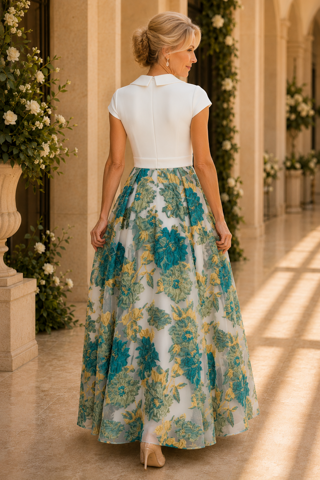 Vestido con cuello, escote en V, falda acampanada y estampado floral