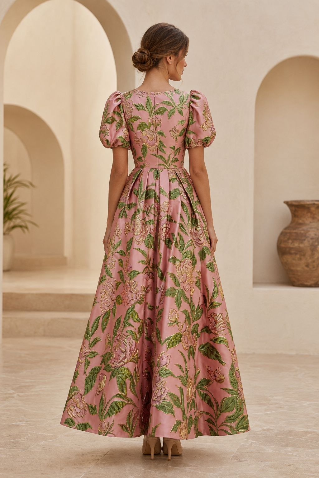 Vestido de Noche Acampanado de Jacquard Floral con Mangas Abullonadas