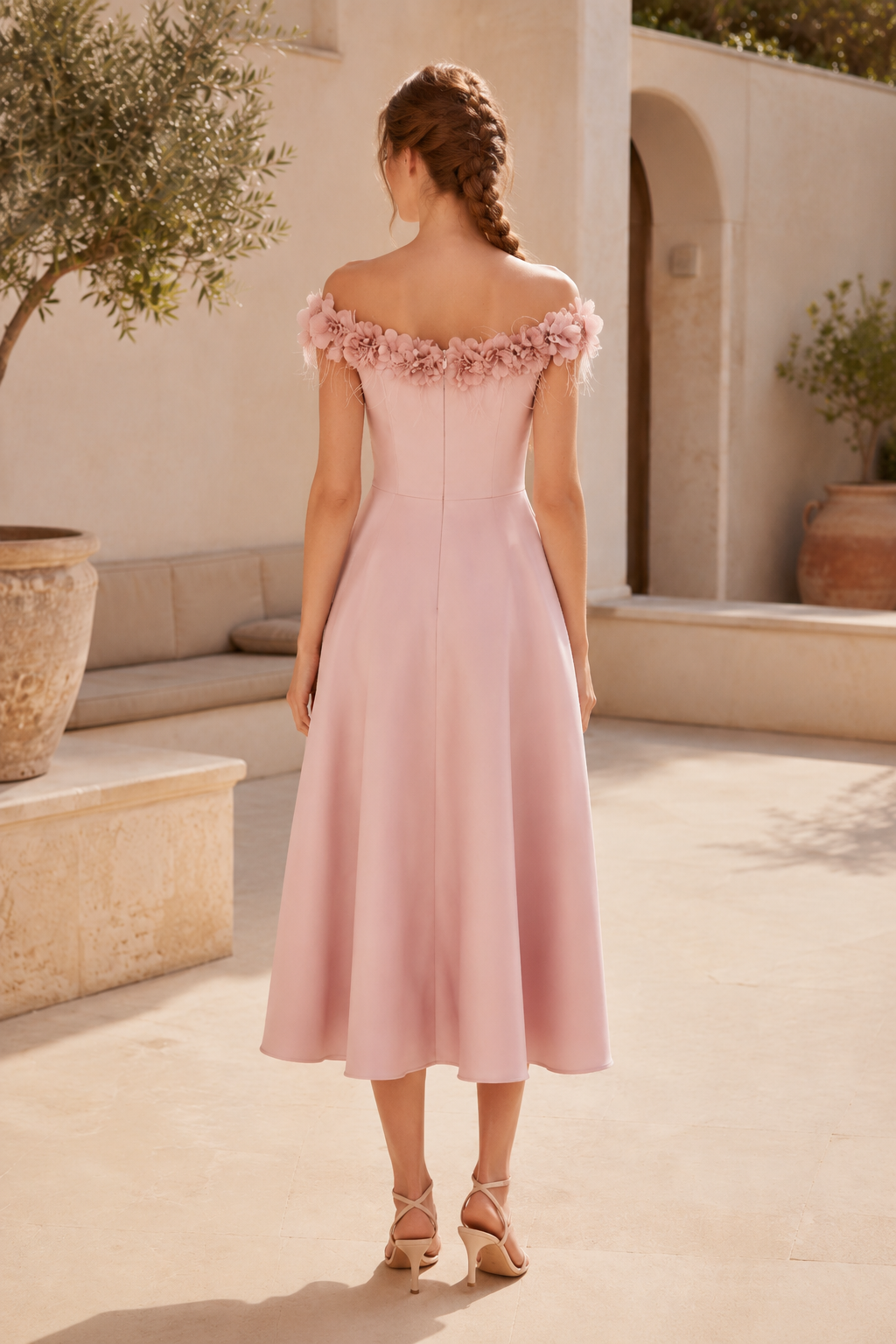 Vestido midi de satén con hombros descubiertos y flores en 3D