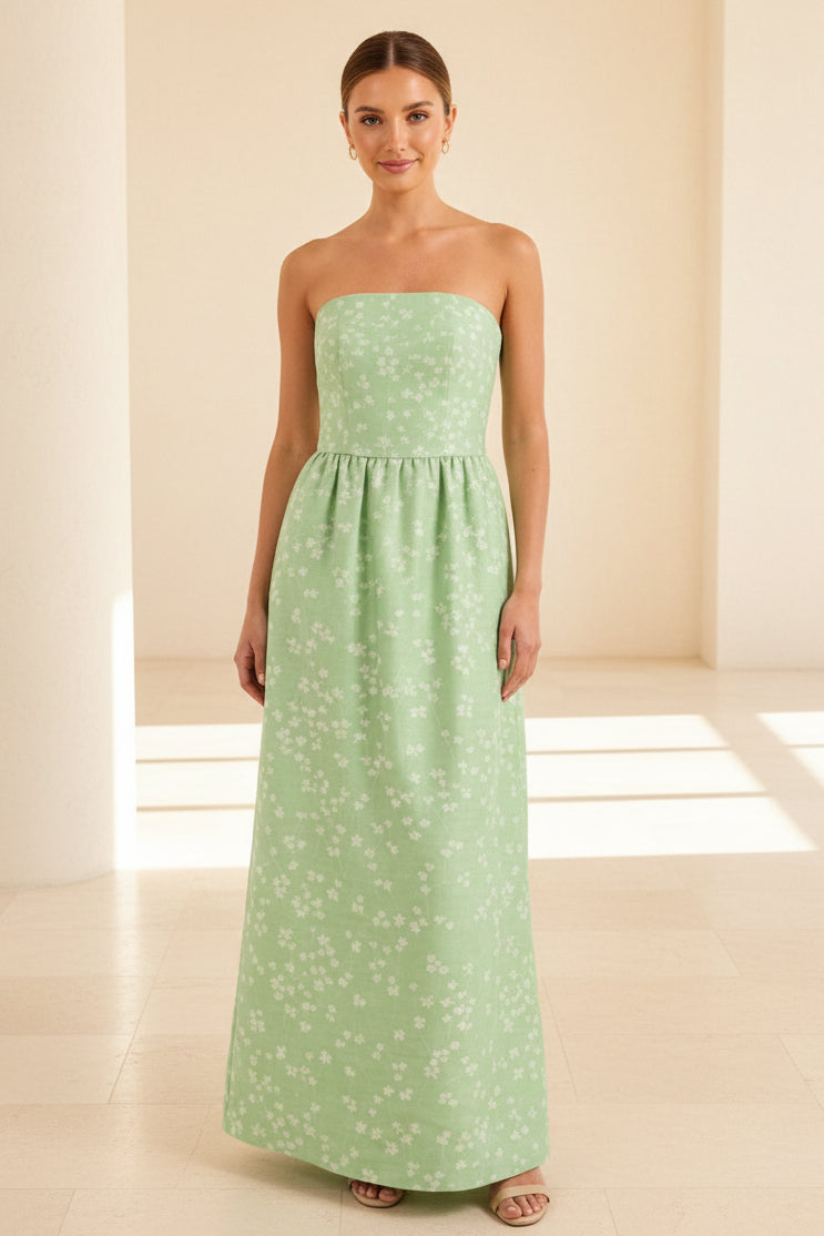 Vestido largo palabra de honor estilo A con cintura fruncida