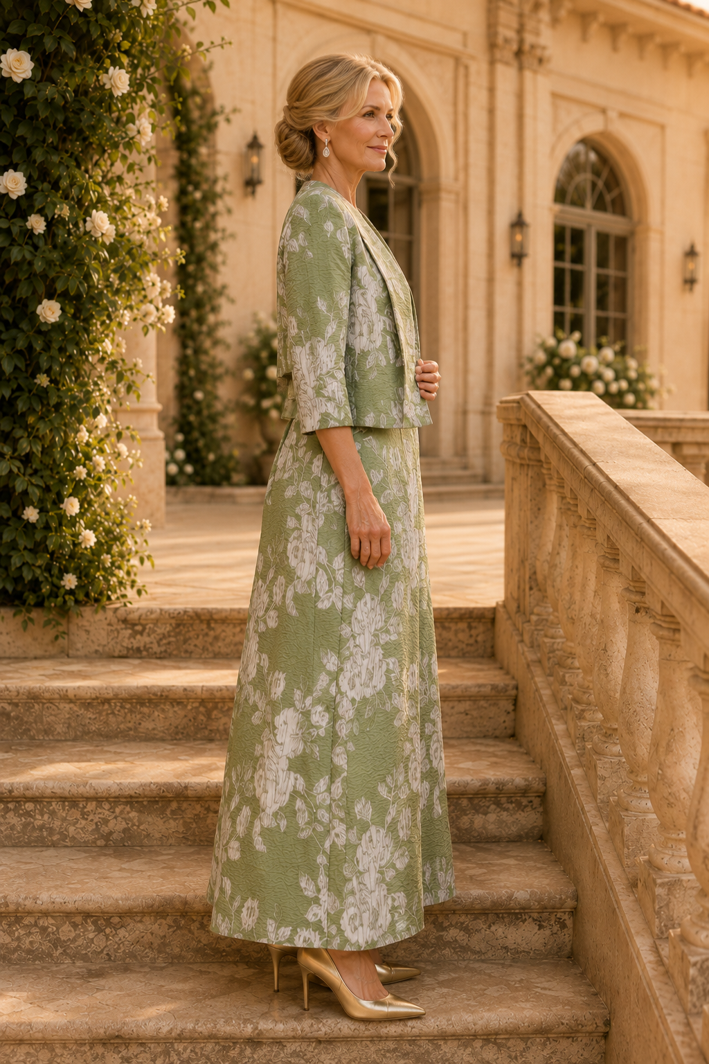 Conjunto de chaqueta y vestido largo de jacquard floral