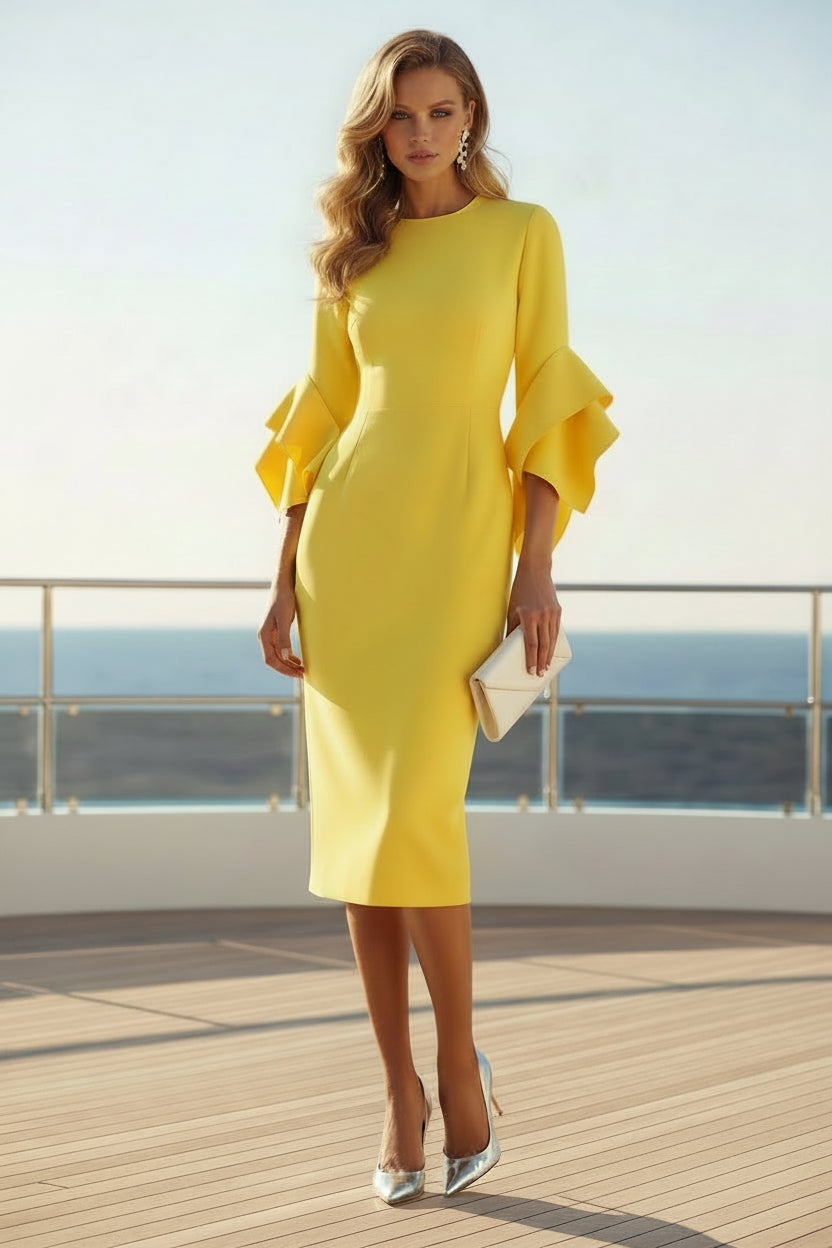 Vestido Tubo Midi con Mangas de Volantes Dramáticas