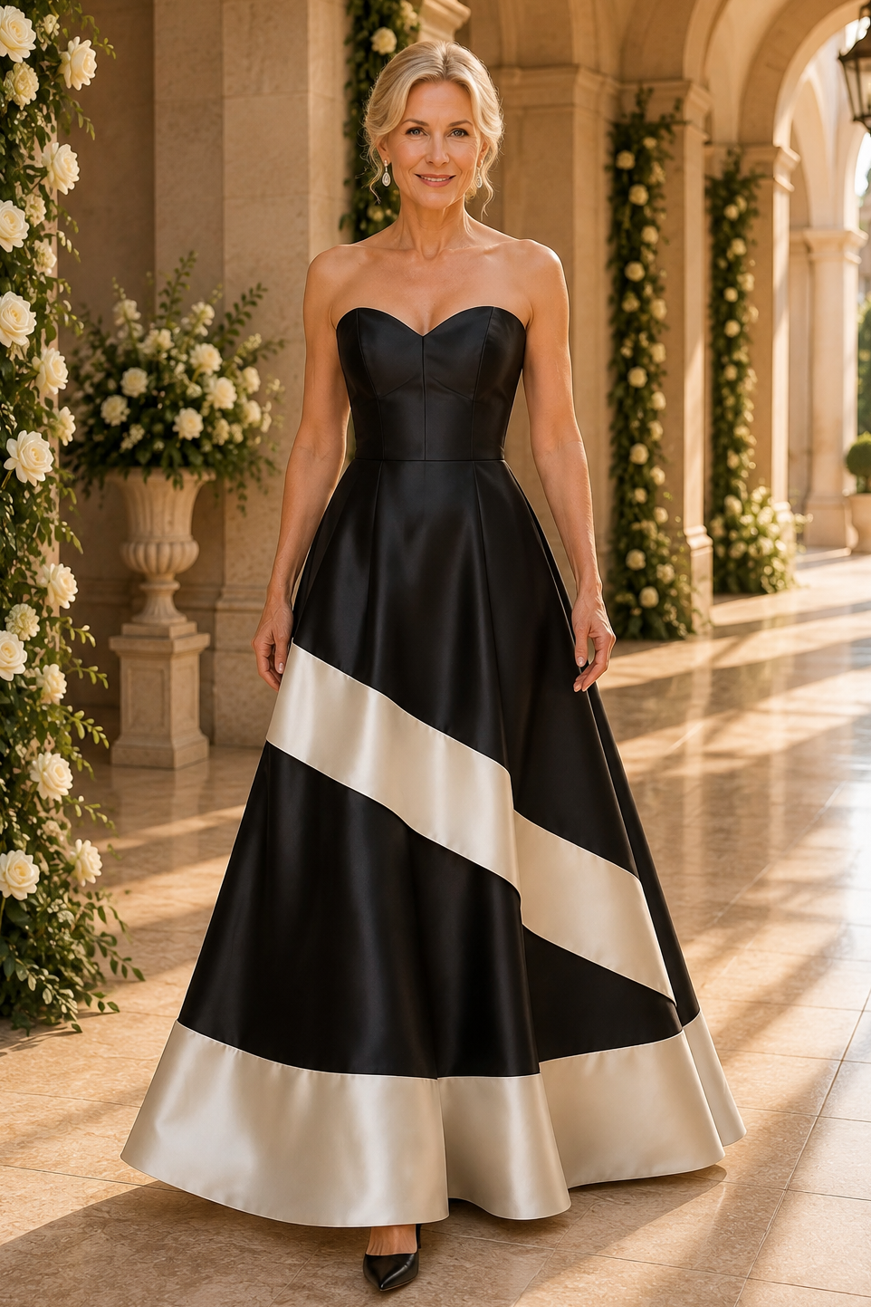 Vestido de novia sin tirantes con corte en A y banda diagonal de contraste