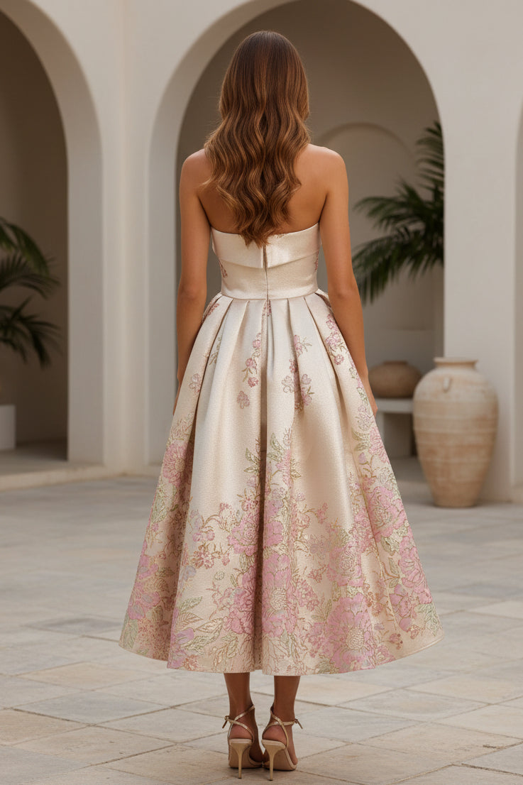 Vestido palabra de honor largo "tea-length" con jacquard floral