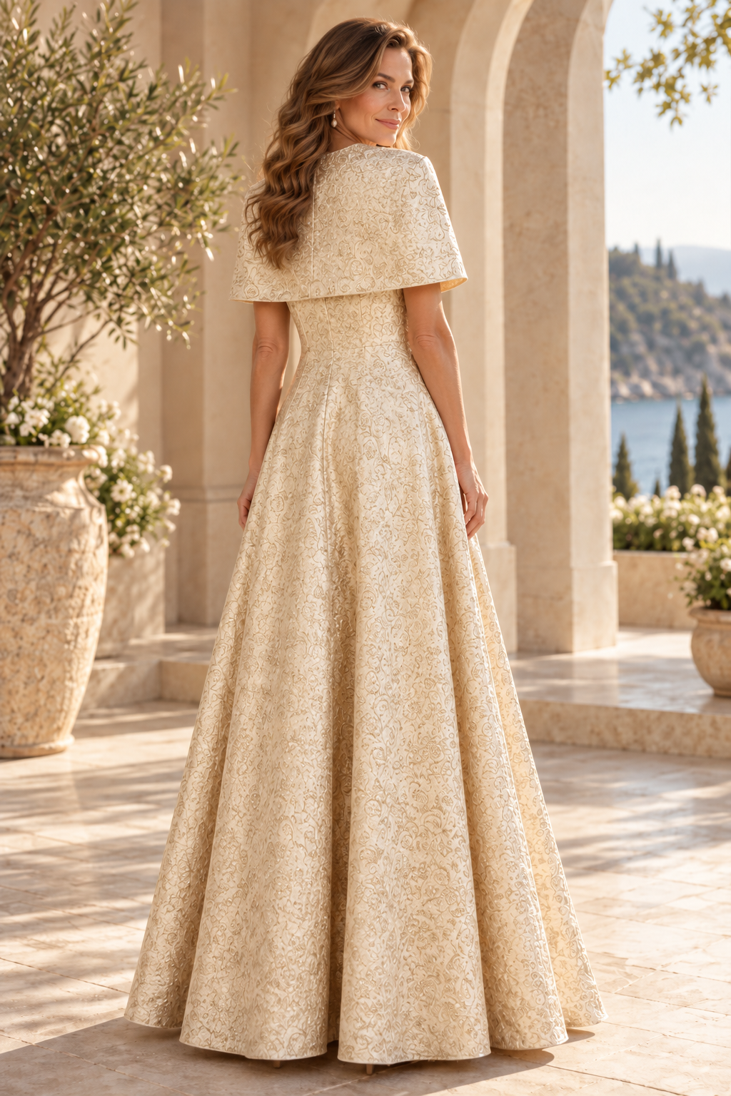 Jacquard A-Line Evening Gown with Capelet