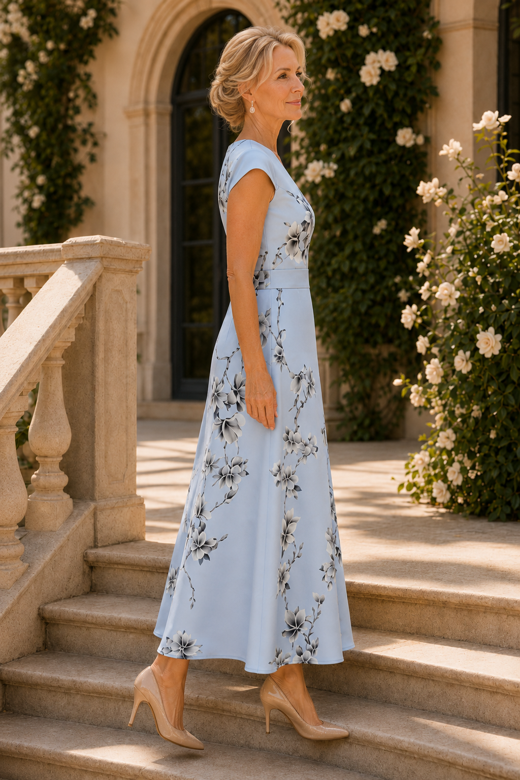 Vestido floral con cuello en V, corte A y largo tobillero