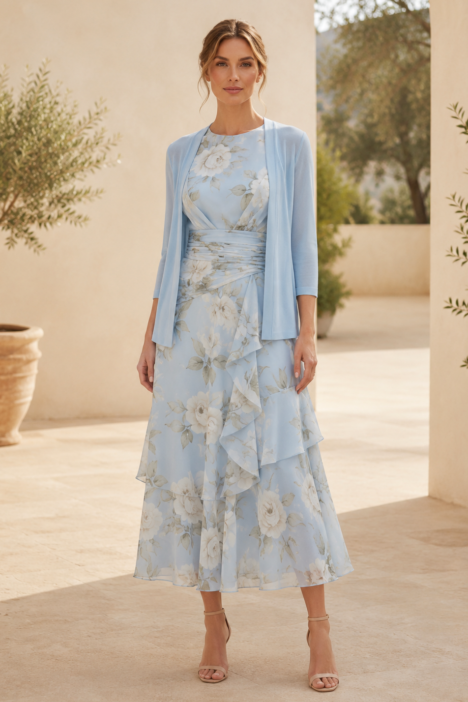 Vestido midi floral escalonado con chaqueta de manga tres cuartos