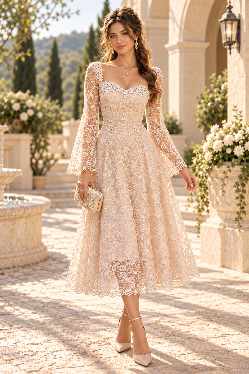 Lace Bell Sleeve A-Line Midi Dress