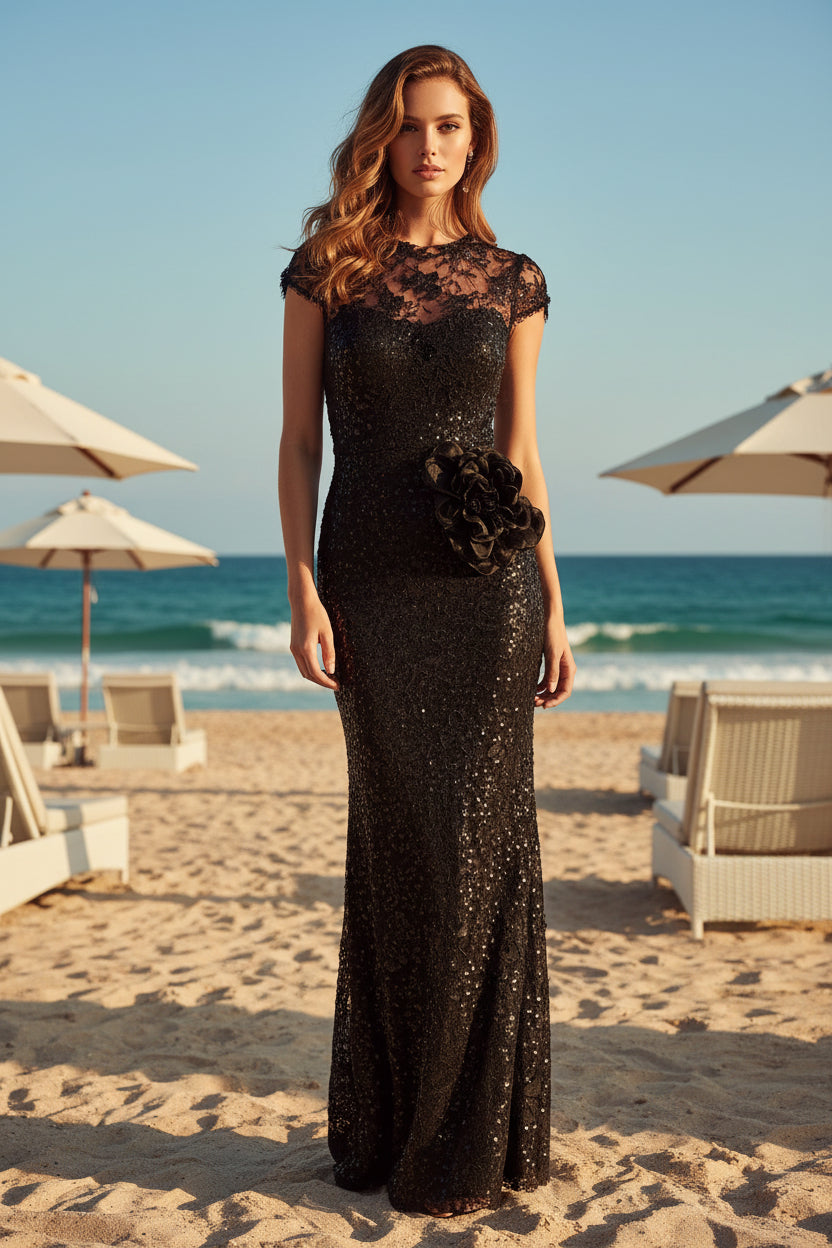 Vestido de noche de encaje con ilusión, manga corta y lentejuelas