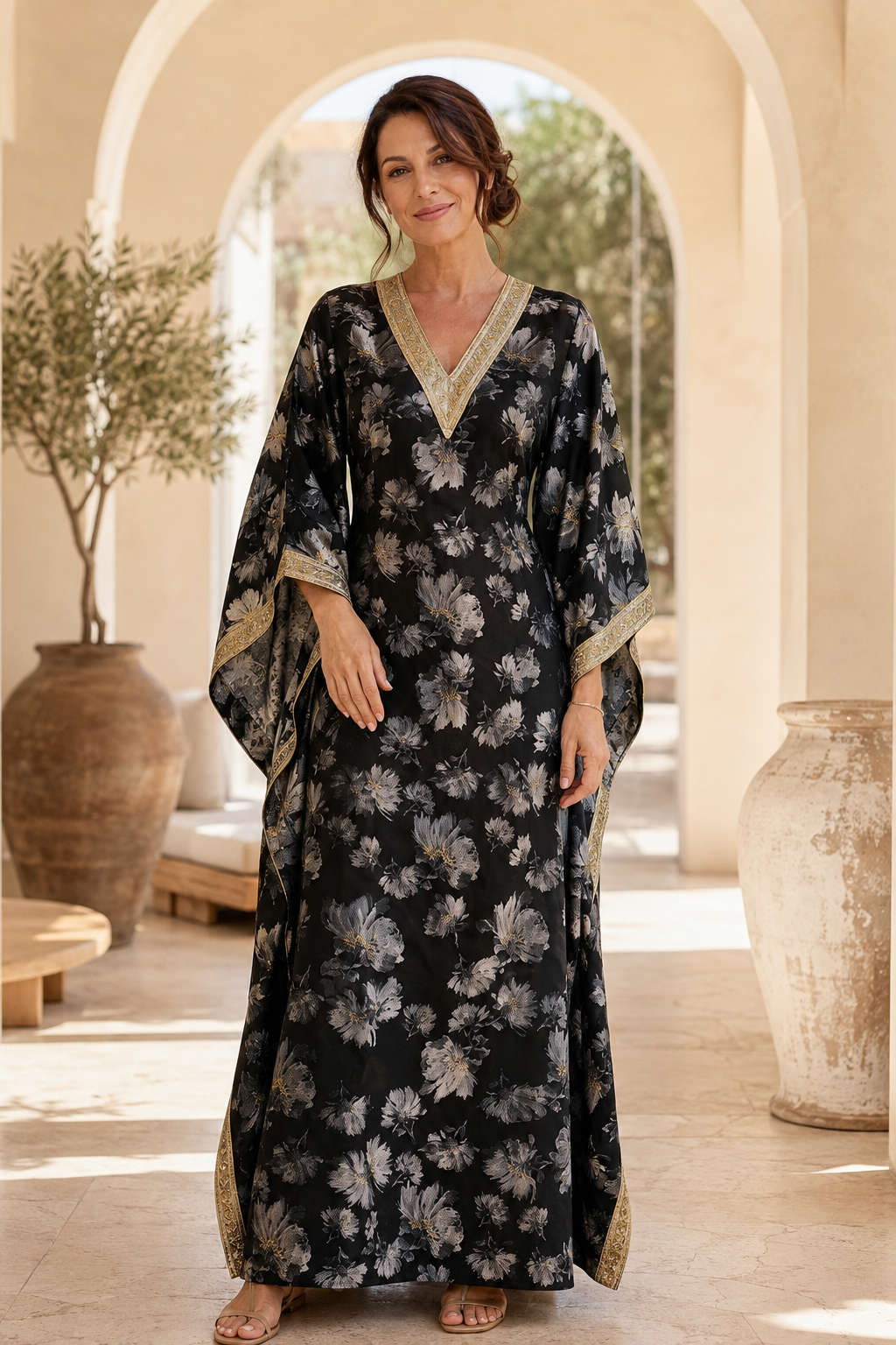 Maxivestido caftán floral con mangas de adorno drapeado