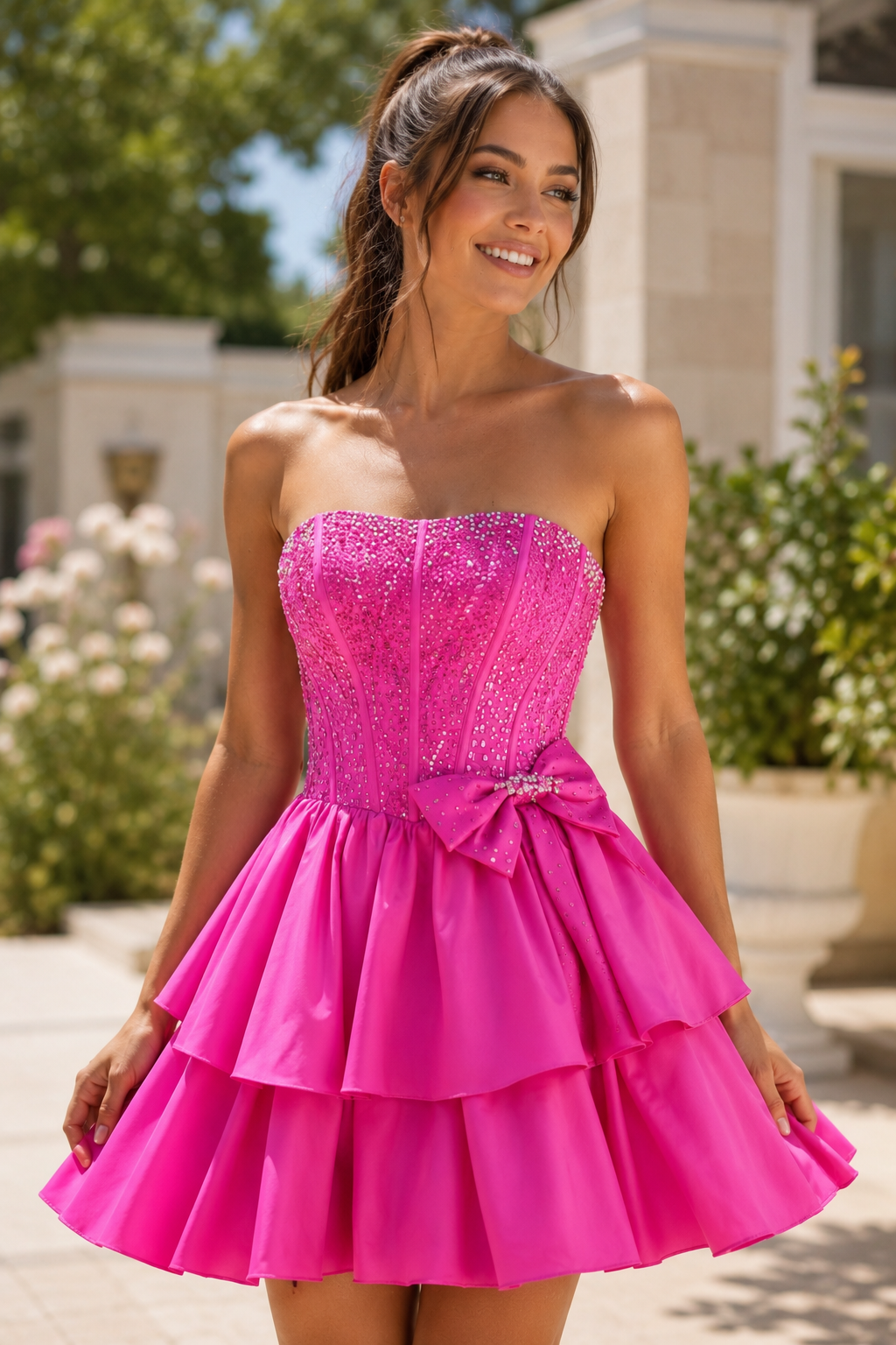 Vestido corto sin tirantes con corsé y volantes con lazo