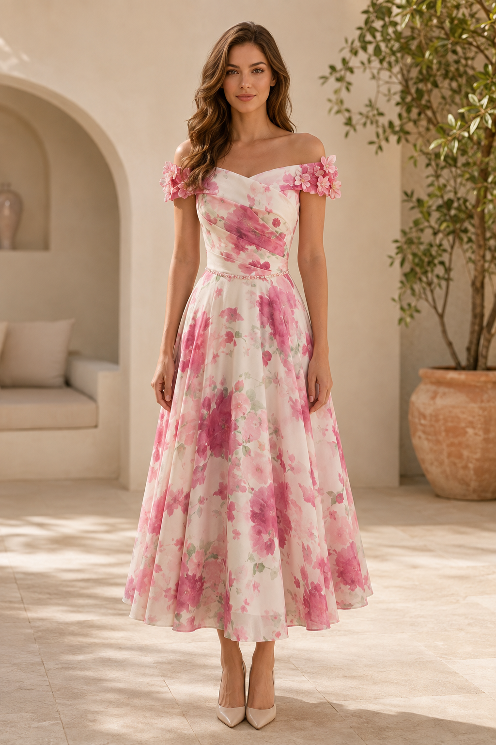 Vestido acampanado floral con hombros descubiertos y largo a media pierna