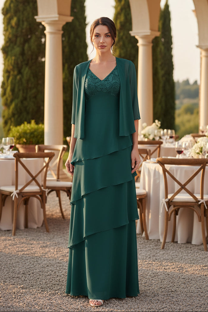 Elegante vestido de gasa escalonado con cuello en V y chaqueta